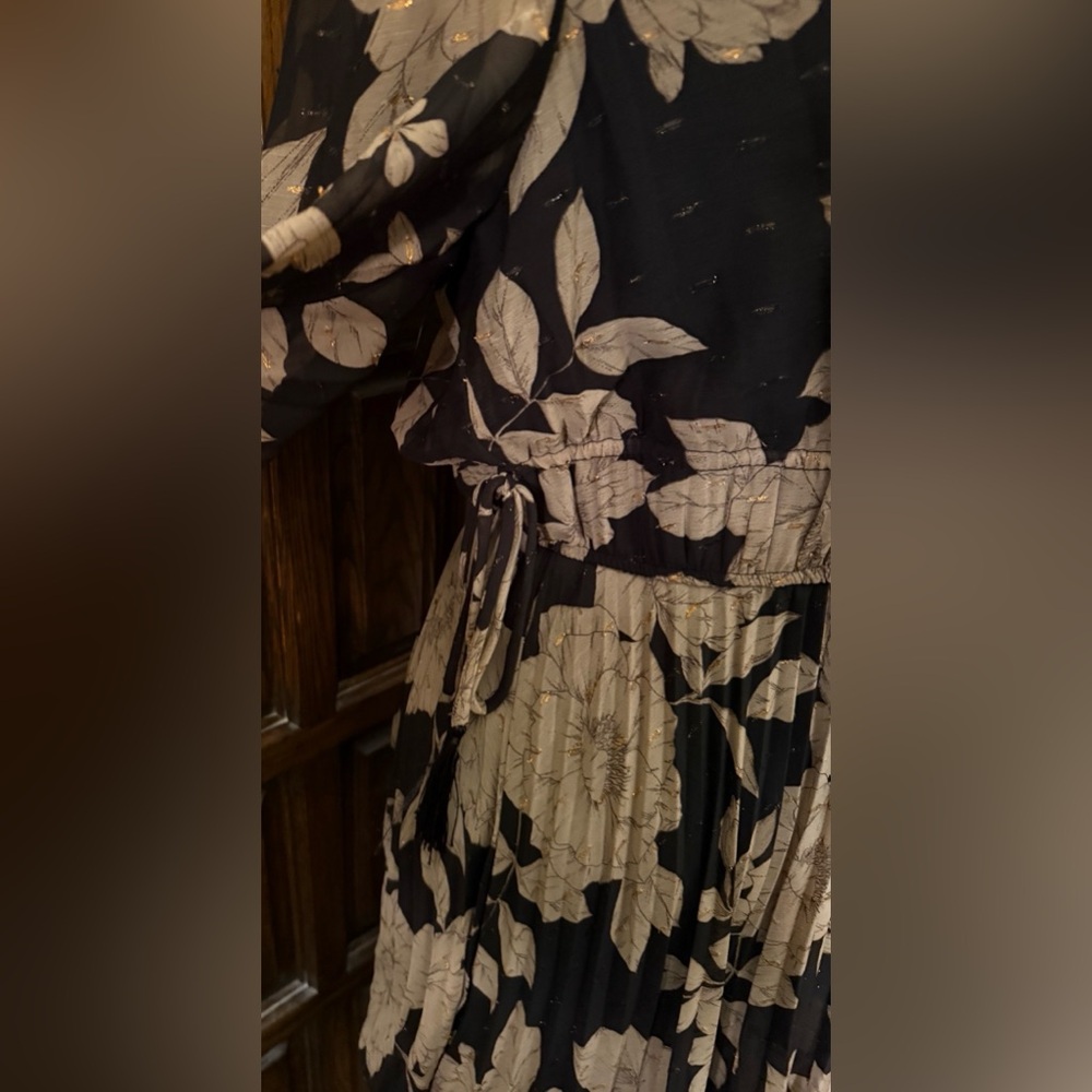Floral Chiffon Pleated V-Neck Midi Dress Metallic - Picture 4 of 6